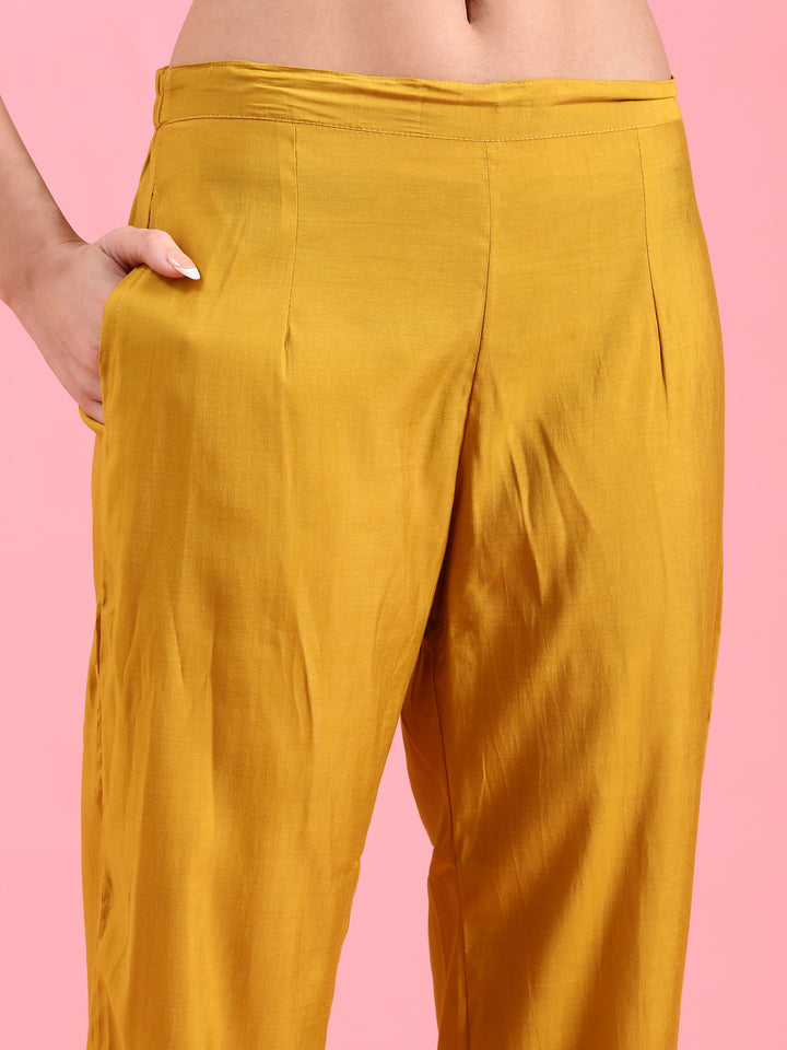 Mustard Modal Silk Embroidery Three Piece Suit Set