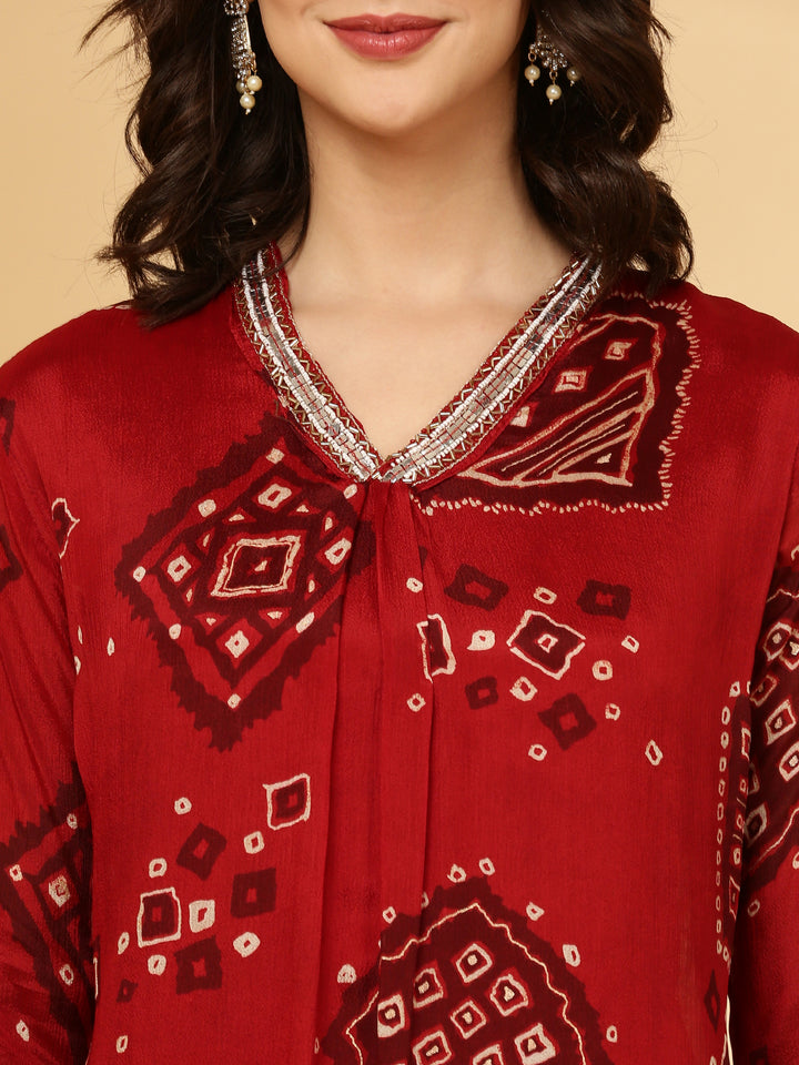 Dark Rust Chinnon Printed Three Piece Set