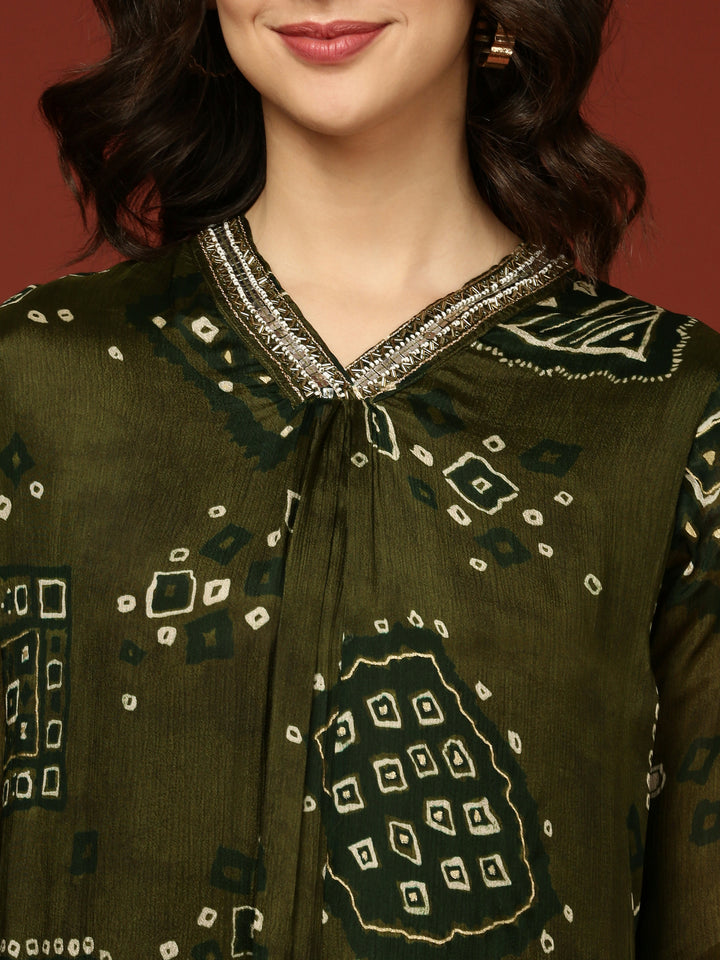 Olive Chinnon Printed Three Piece Set