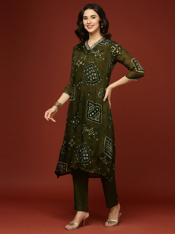 Olive Chinnon Printed Three Piece Set