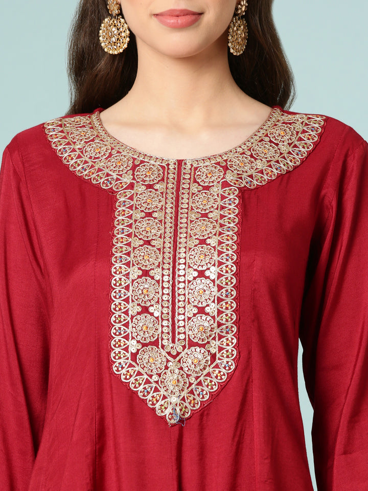 Maroon Dola Silk Three Piece Set