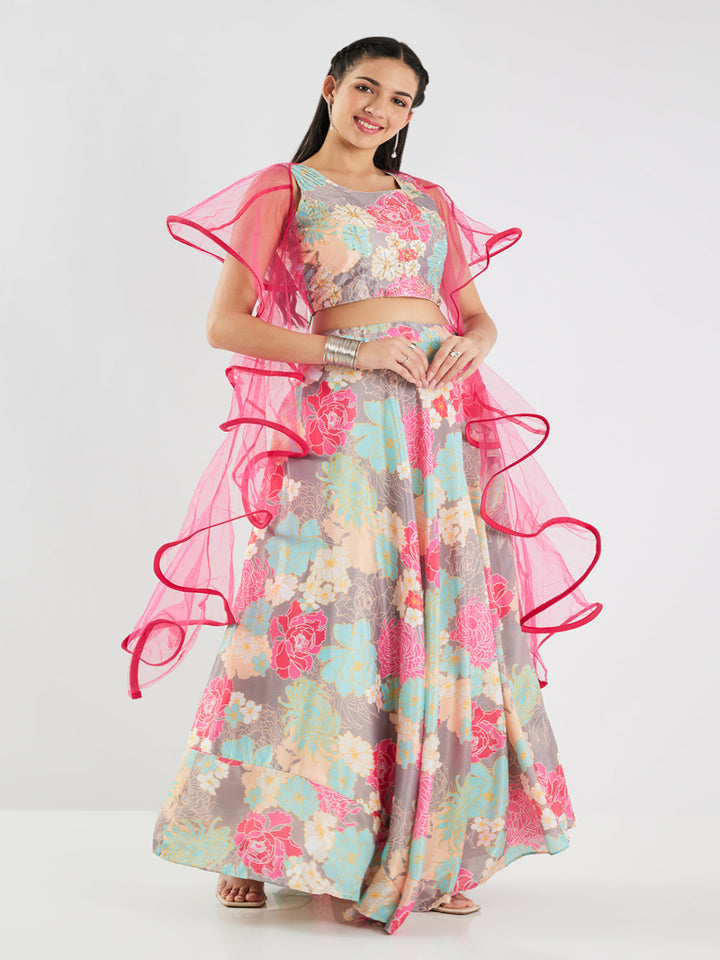 Neerus Sea Green Beads and Sequins Work Silk Fabric Ghagra Set