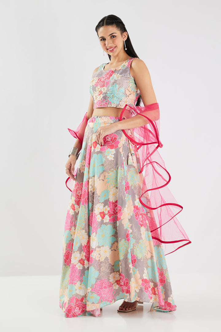 Neerus Sea Green Beads and Sequins Work Silk Fabric Ghagra Set