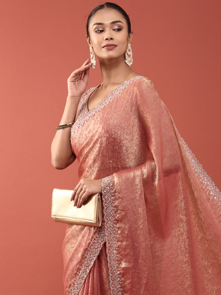 Pink Jacquard Embroidery Saree With Readymade Blouse
