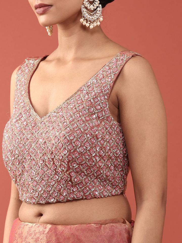 Pink Jacquard Embroidery Saree With Readymade Blouse