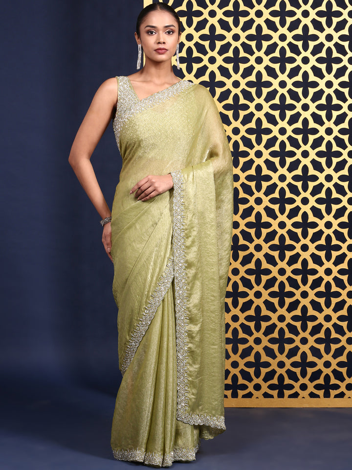 Pista Green Jacquard Embroidery Saree With Readymade Blouse
