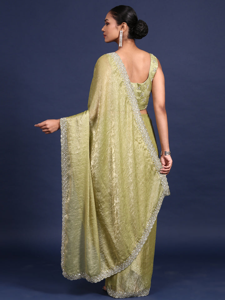 Pista Green Jacquard Embroidery Saree With Readymade Blouse