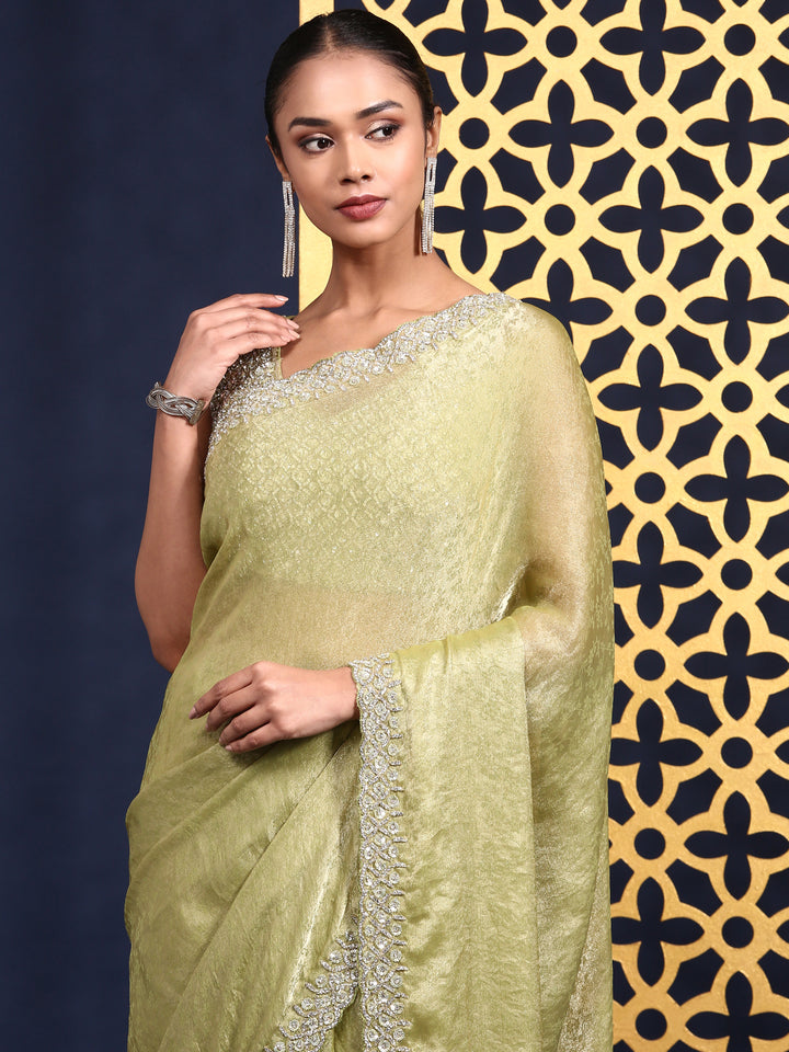Pista Green Jacquard Embroidery Saree With Readymade Blouse