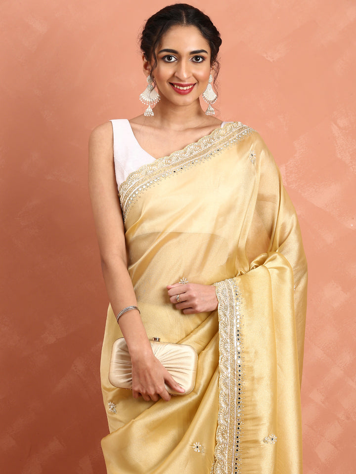 Yellow Tissue Saree Cut Dana Embroidery With Mirror Work