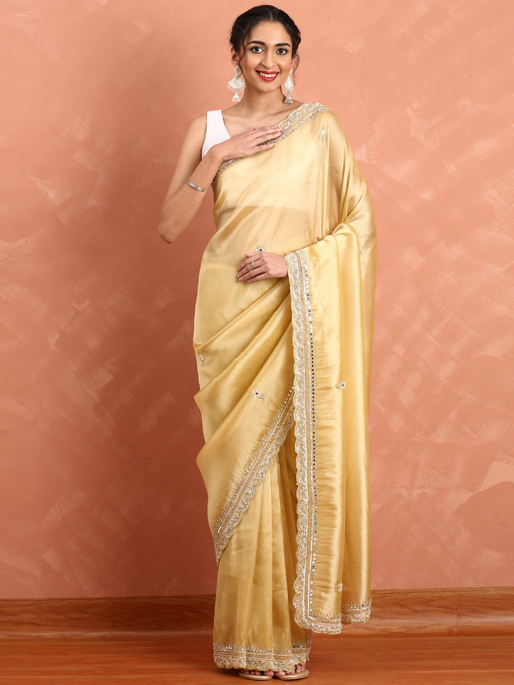 Yellow Tissue Saree Cut Dana Embroidery With Mirror Work
