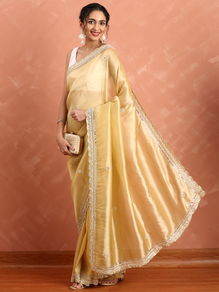 Yellow Tissue Saree Cut Dana Embroidery With Mirror Work