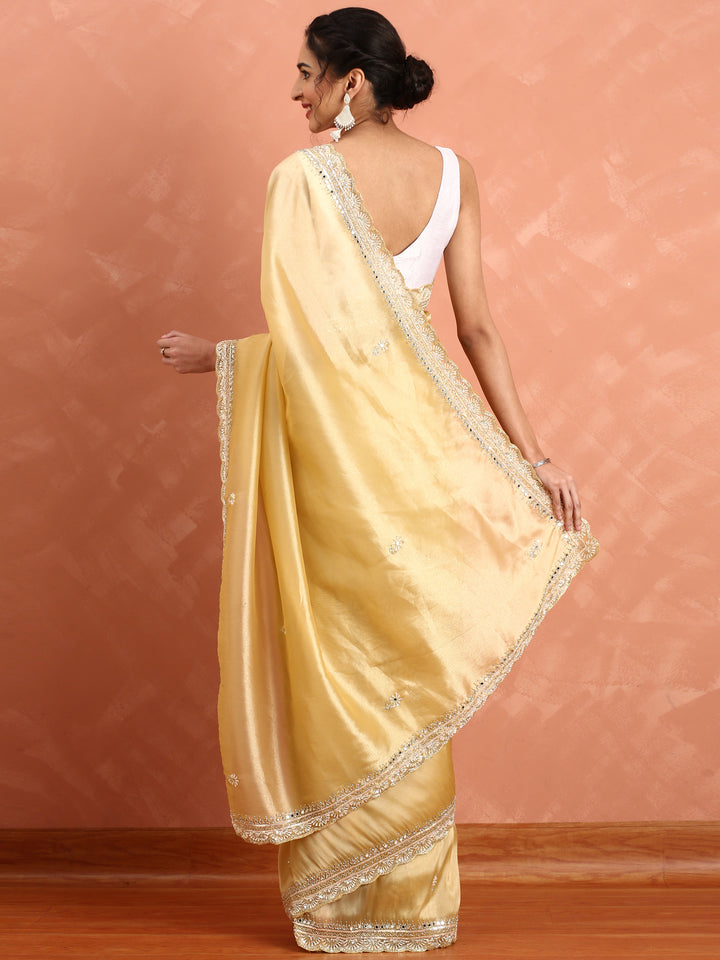 Yellow Tissue Saree Cut Dana Embroidery With Mirror Work