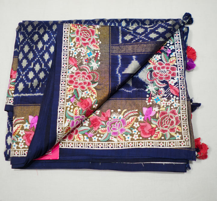 Navy Blue Handloom Patola Saree With Designer Petite Point Embroidery Border