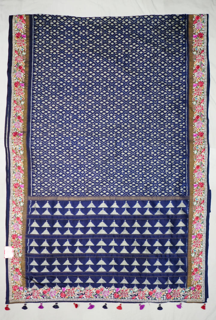 Navy Blue Handloom Patola Saree With Designer Petite Point Embroidery Border