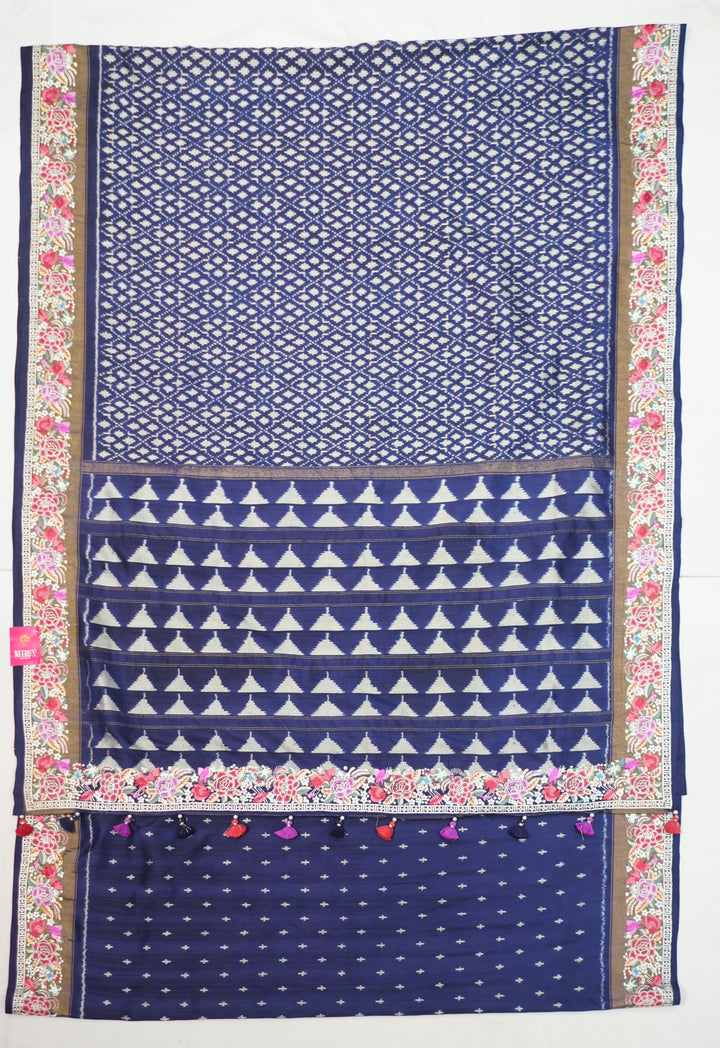 Navy Blue Handloom Patola Saree With Designer Petite Point Embroidery Border