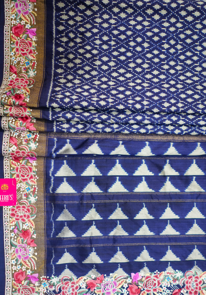 Navy Blue Handloom Patola Saree With Designer Petite Point Embroidery Border