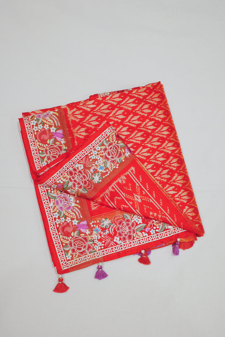 Rani Pink Ikat Silk Petite Point Embroidery Saree