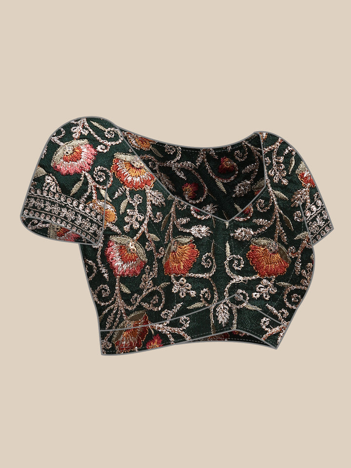 Bottle Green Crepe Embroidery Saree With Readymade Blouse