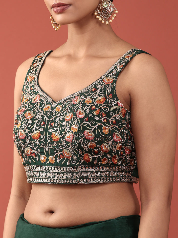 Bottle Green Crepe Embroidery Saree With Readymade Blouse