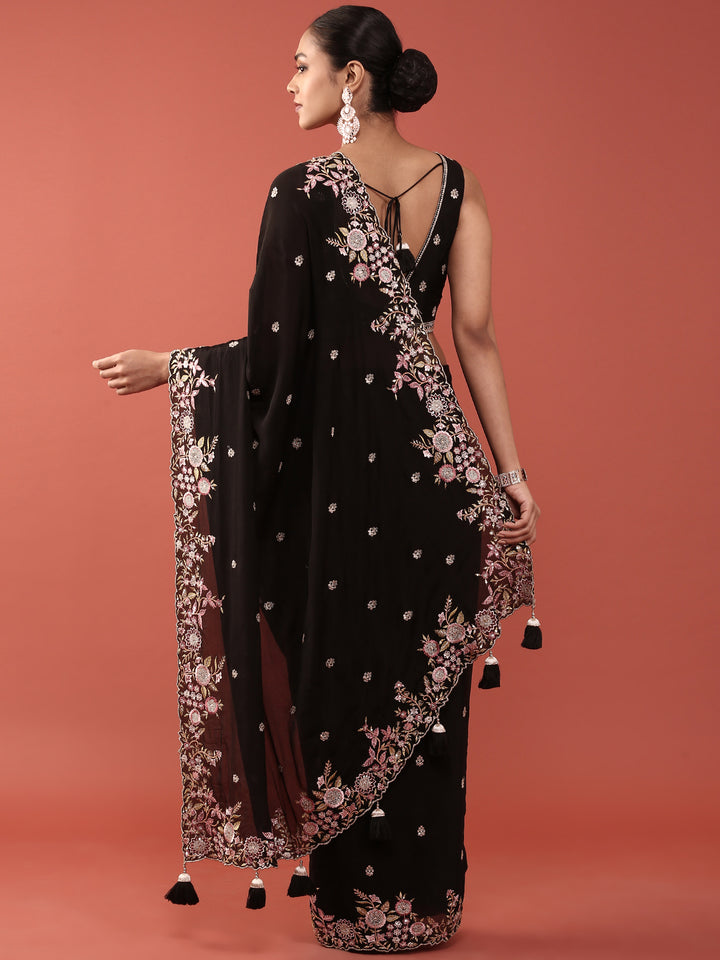 Black Crepe Embroidery Saree With Readymade Blouse