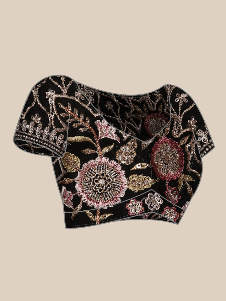 Black Crepe Embroidery Saree With Readymade Blouse