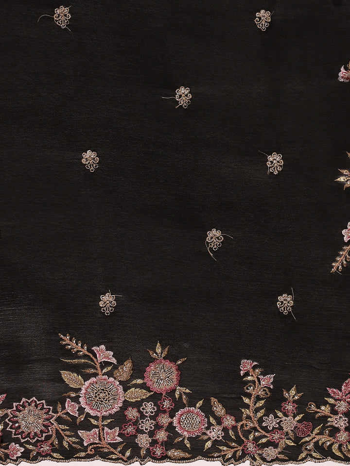 Black Crepe Embroidery Saree With Readymade Blouse