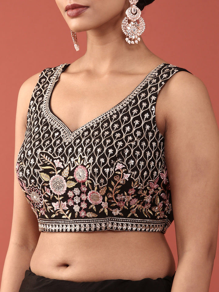 Black Crepe Embroidery Saree With Readymade Blouse