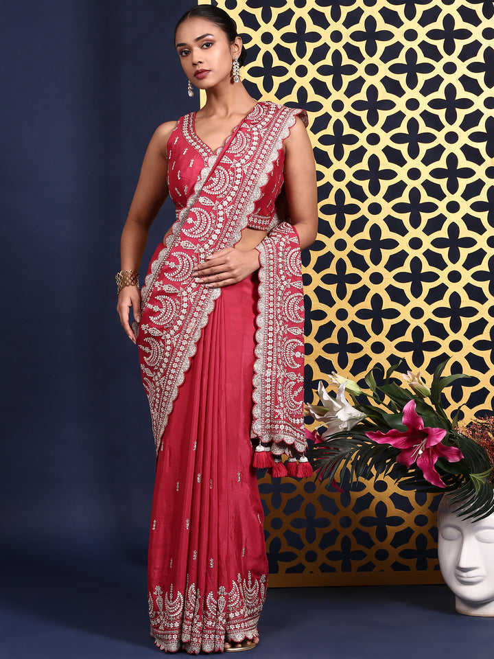 Pink Crepe Zari Embroidery Saree With Readymade Blouse