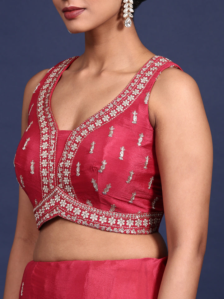 Pink Crepe Zari Embroidery Saree With Readymade Blouse