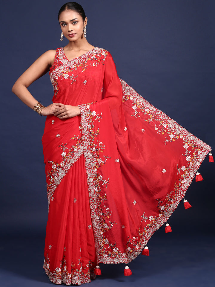 Red Crepe Embroidery Saree With Readymade Blouse