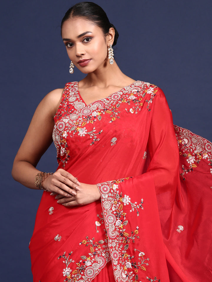 Red Crepe Embroidery Saree With Readymade Blouse