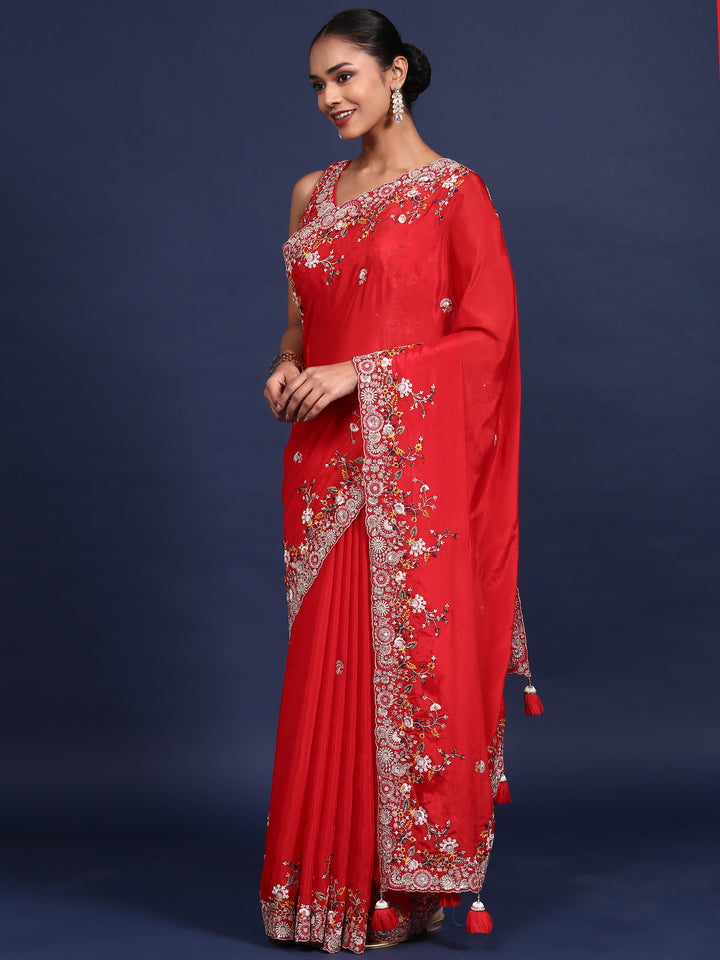 Red Crepe Embroidery Saree With Readymade Blouse