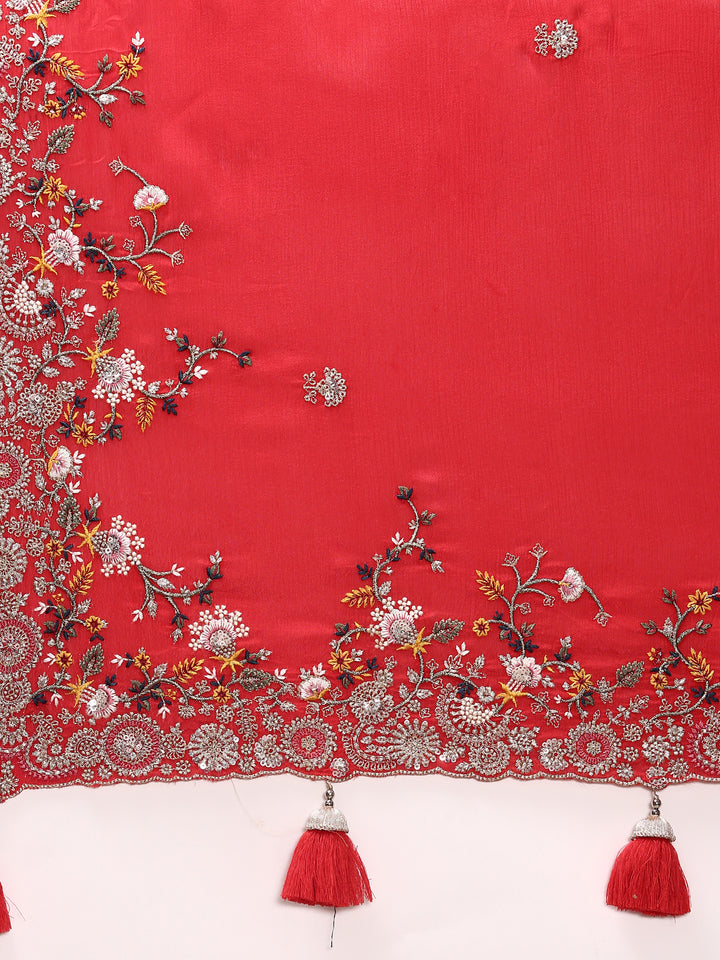 Red Crepe Embroidery Saree With Readymade Blouse