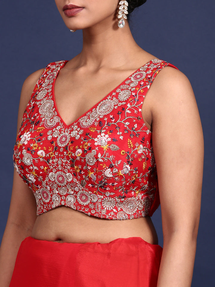 Red Crepe Embroidery Saree With Readymade Blouse