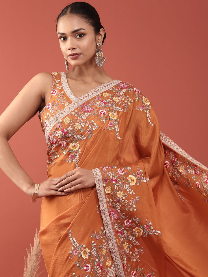 Orange Crepe Embroidery Saree With Readymade Blouse