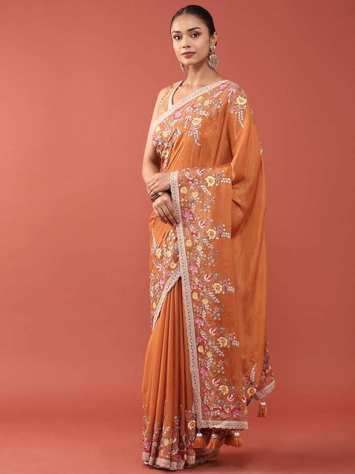 Orange Crepe Embroidery Saree With Readymade Blouse