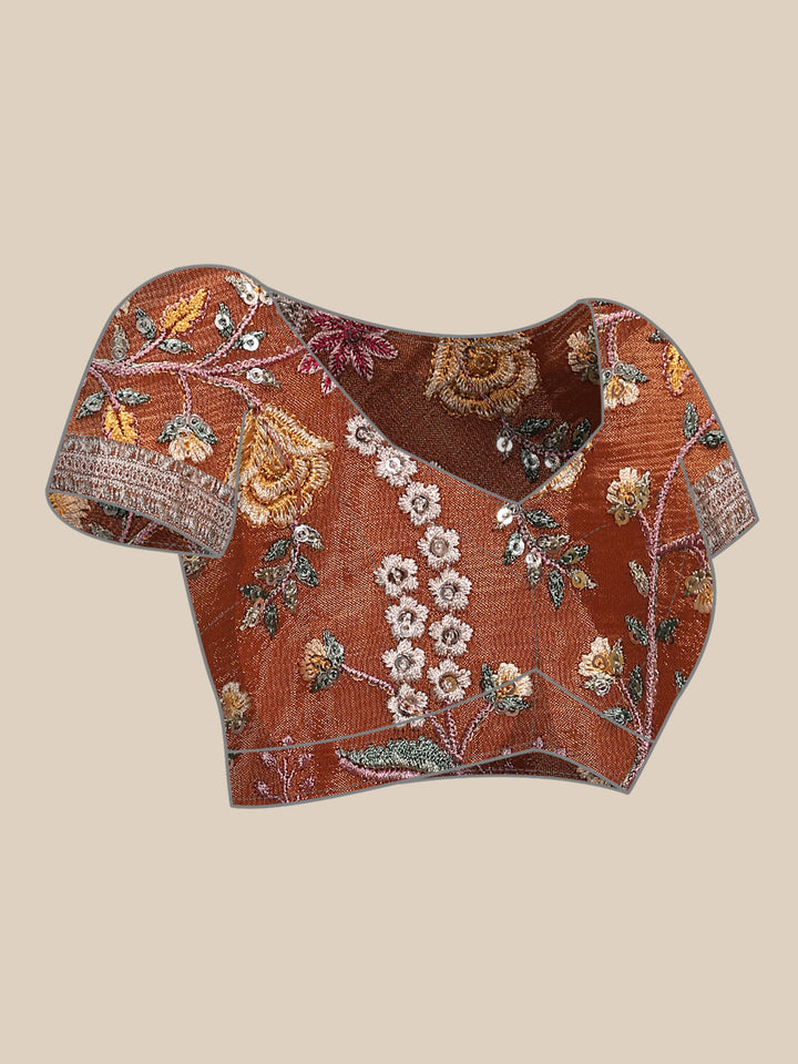 Orange Crepe Embroidery Saree With Readymade Blouse