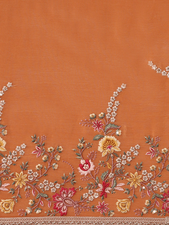 Orange Crepe Embroidery Saree With Readymade Blouse
