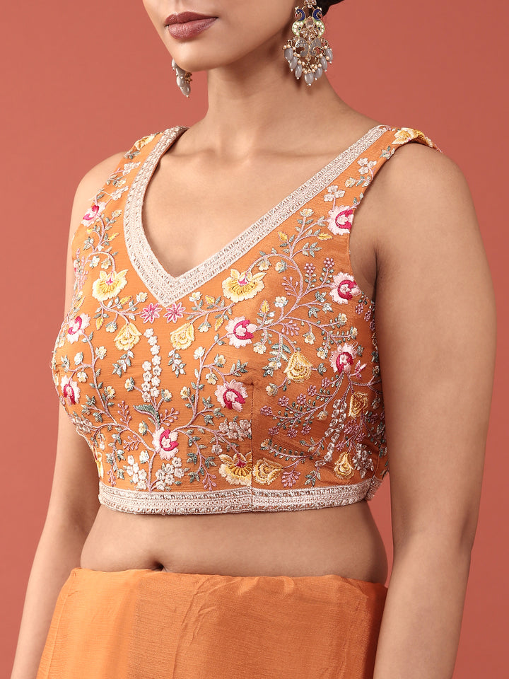 Orange Crepe Embroidery Saree With Readymade Blouse
