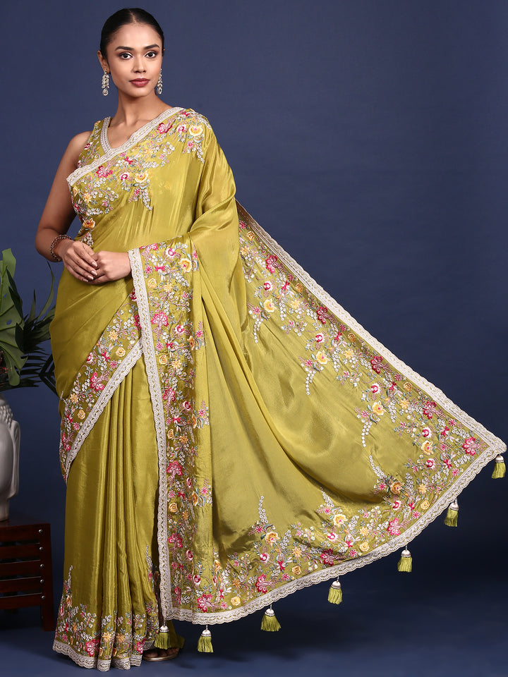 Parrot Green Crepe Embroidery Saree With Readymade Blouse