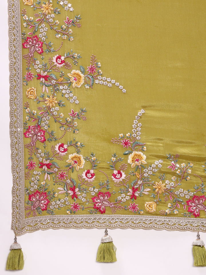 Parrot Green Crepe Embroidery Saree With Readymade Blouse