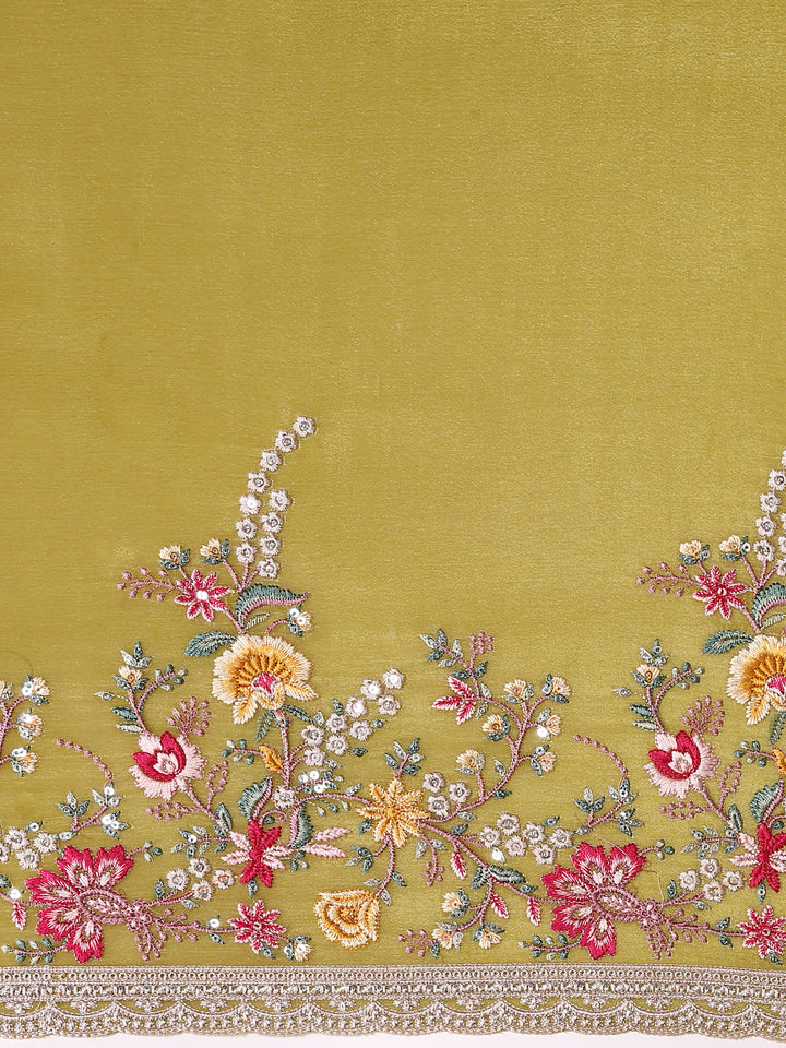 Parrot Green Crepe Embroidery Saree With Readymade Blouse