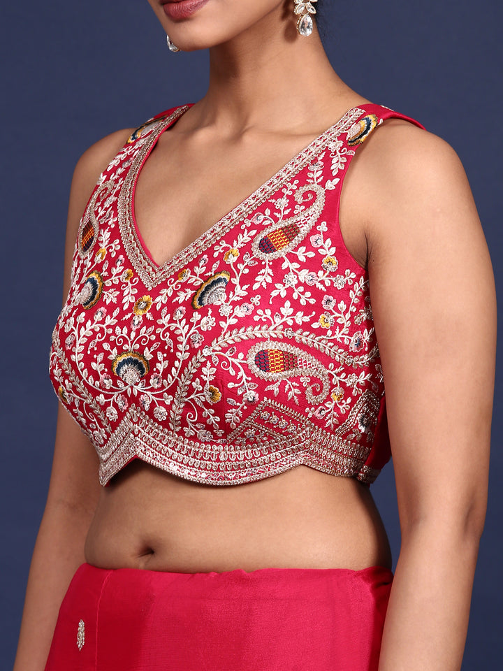 Rani Pink Crepe Embroidery Saree With Readymade Blouse