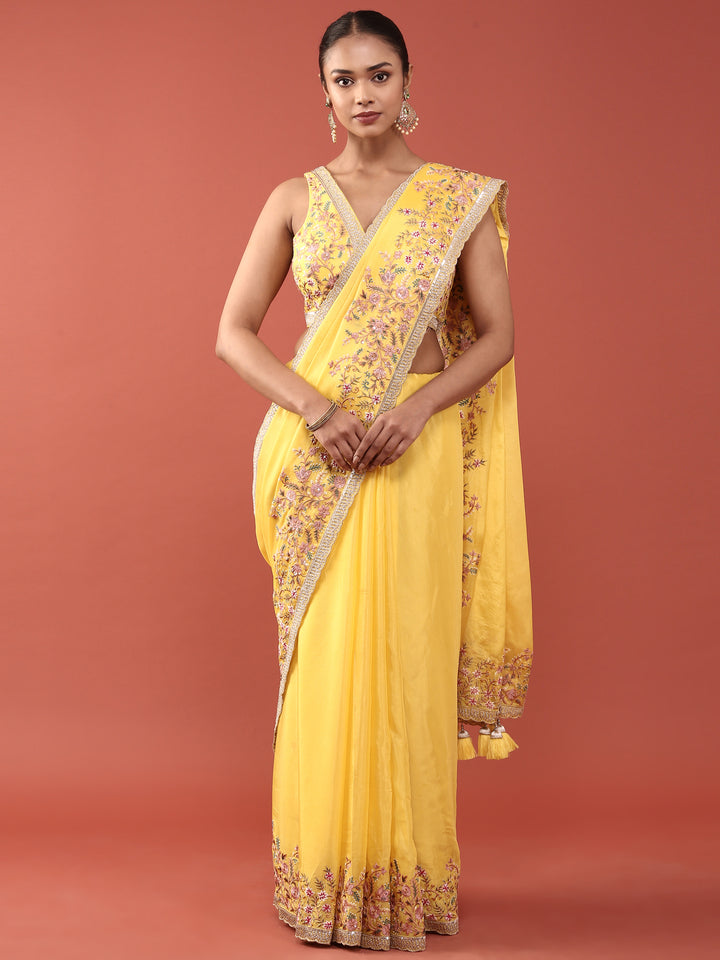 Lemon Crepe Embroidery Saree With Readymade Blouse
