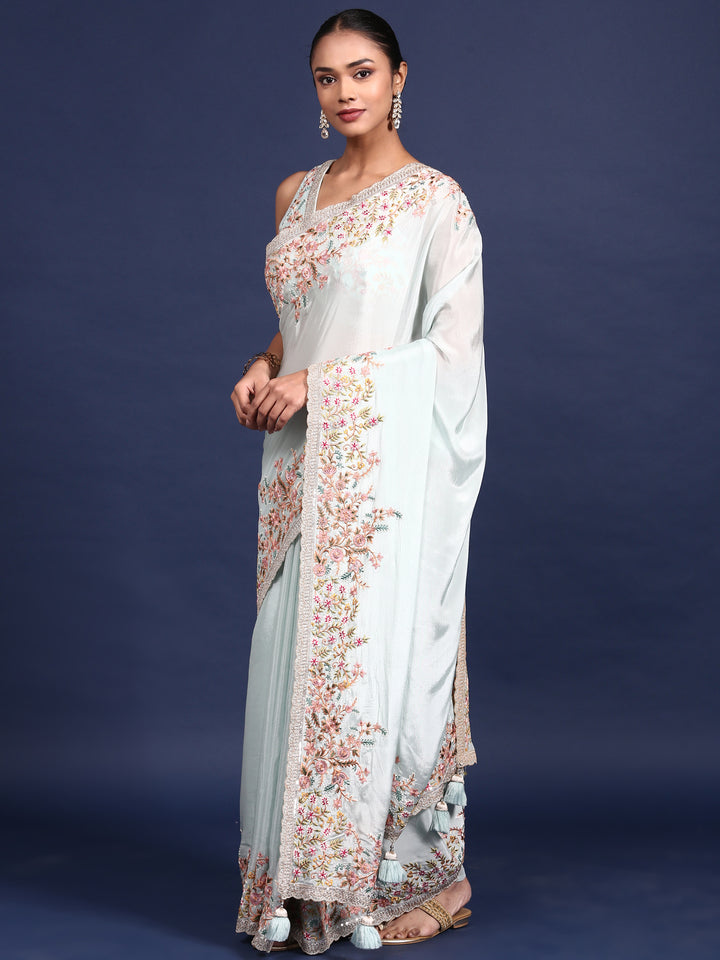 Sky Blue Crepe Embroidery Saree With Readymade Blouse