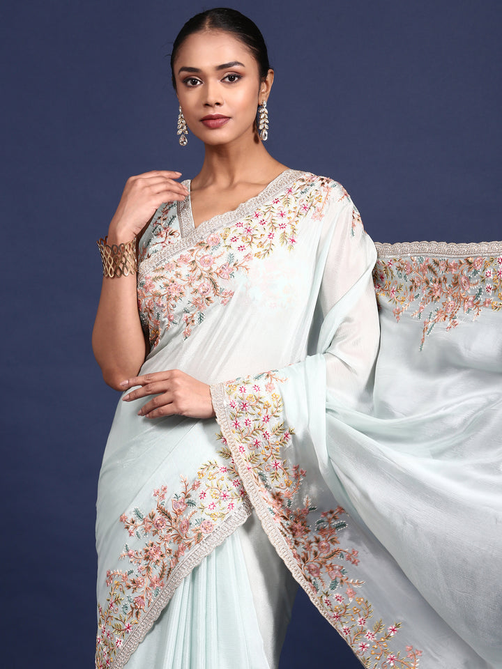 Sky Blue Crepe Embroidery Saree With Readymade Blouse