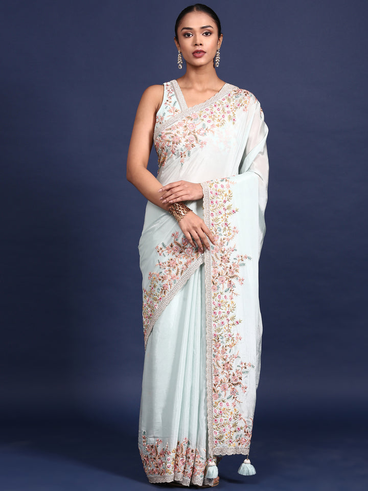 Sky Blue Crepe Embroidery Saree With Readymade Blouse