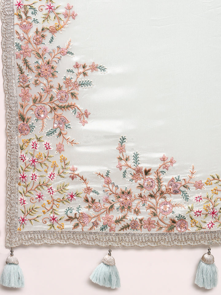 Sky Blue Crepe Embroidery Saree With Readymade Blouse