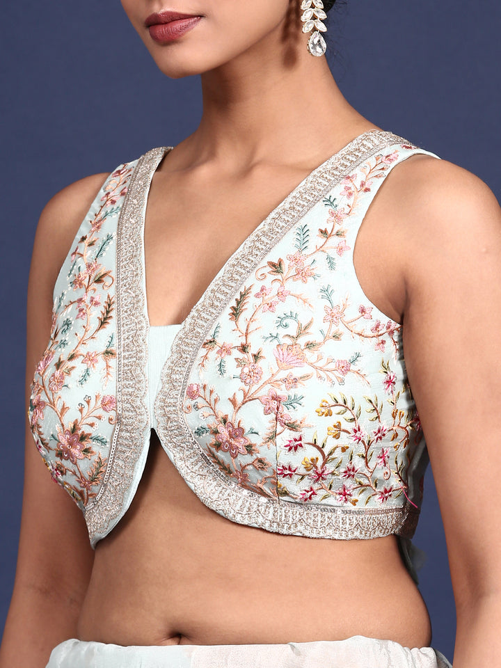 Sky Blue Crepe Embroidery Saree With Readymade Blouse