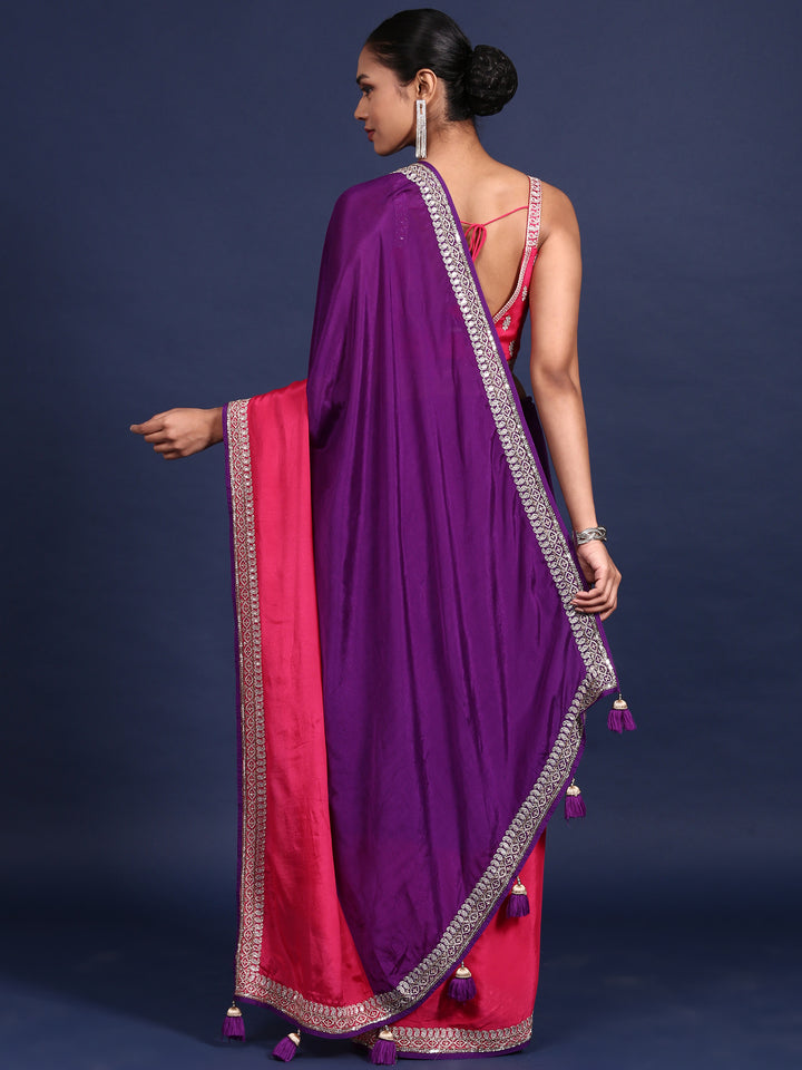 Purple Crepe Zari Embroidery Saree With Readymade Blouse